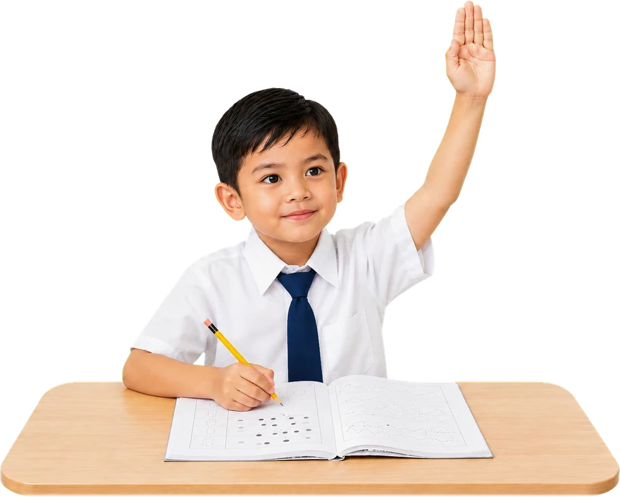 Anak berbaju sekolah mengangkat tangan di meja darjah